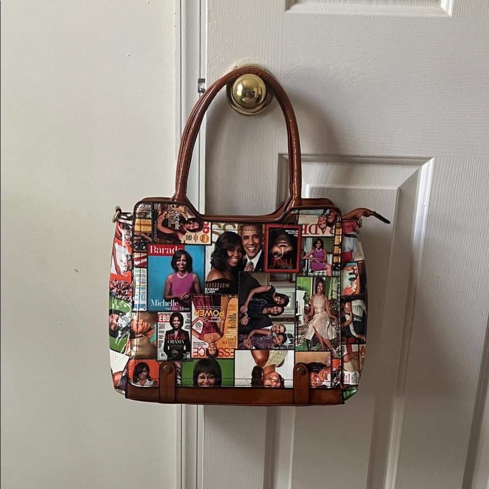 Collage Print Michelle Obama Tote Bag with Brown Handles